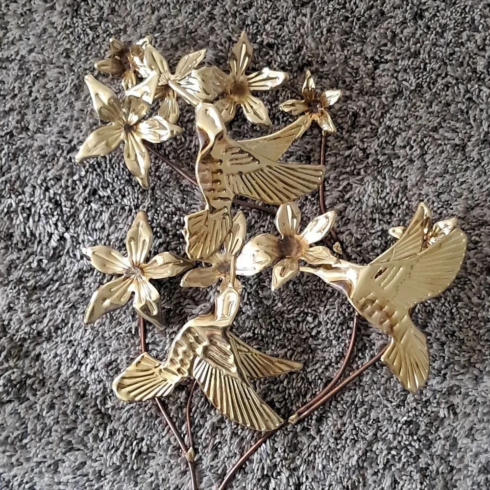 3 Vintage MCM Pair Brass Metal Butterfly Hummingbird Flower Art Wall Hangings